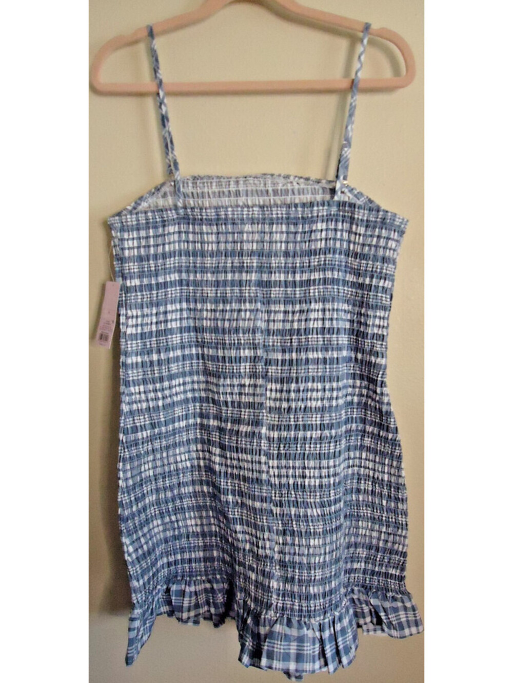Wild Fable Smocked Square Neck Strappy Ruffle Hem Mini Dress L Blue Check - Picture 8 of 8